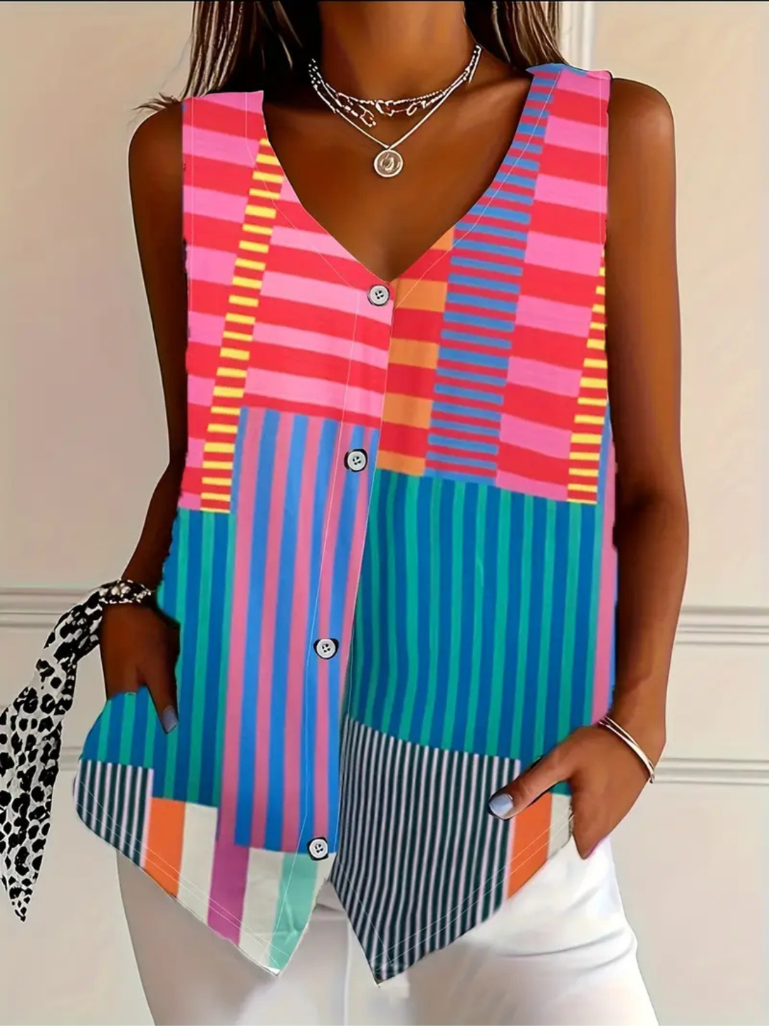 Women’s Blouse | Sleeveless Button Front Print
