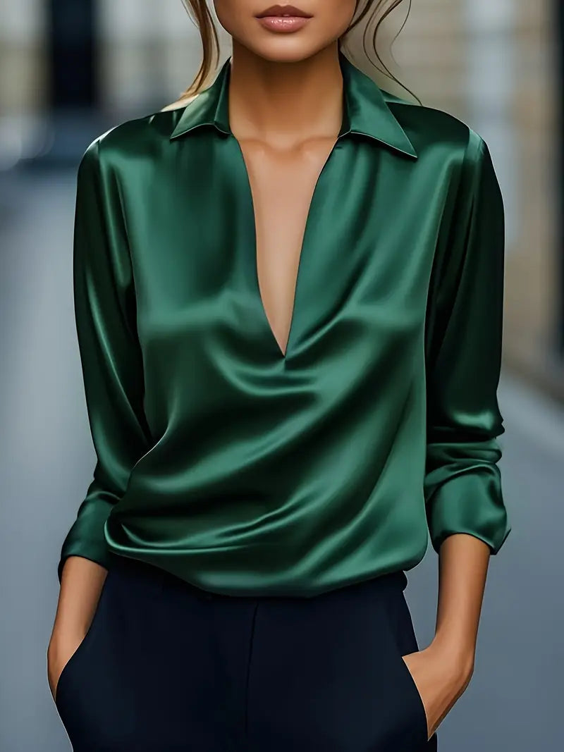 Women’s Blouse | Long Sleeve Collared V-Neck