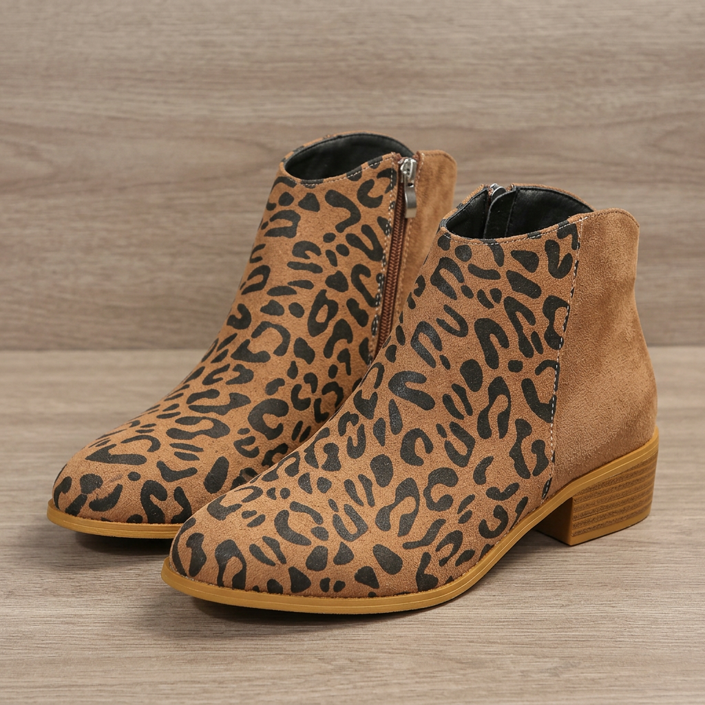 Boots for Women | Leopard Print Ankle Boots with Block Heel and Side Zip