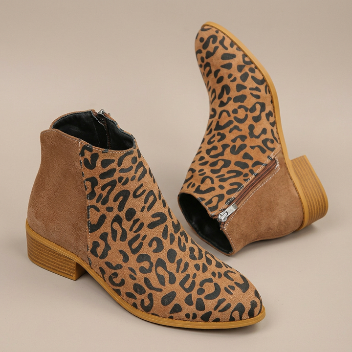 Boots for Women | Leopard Print Ankle Boots with Block Heel and Side Zip