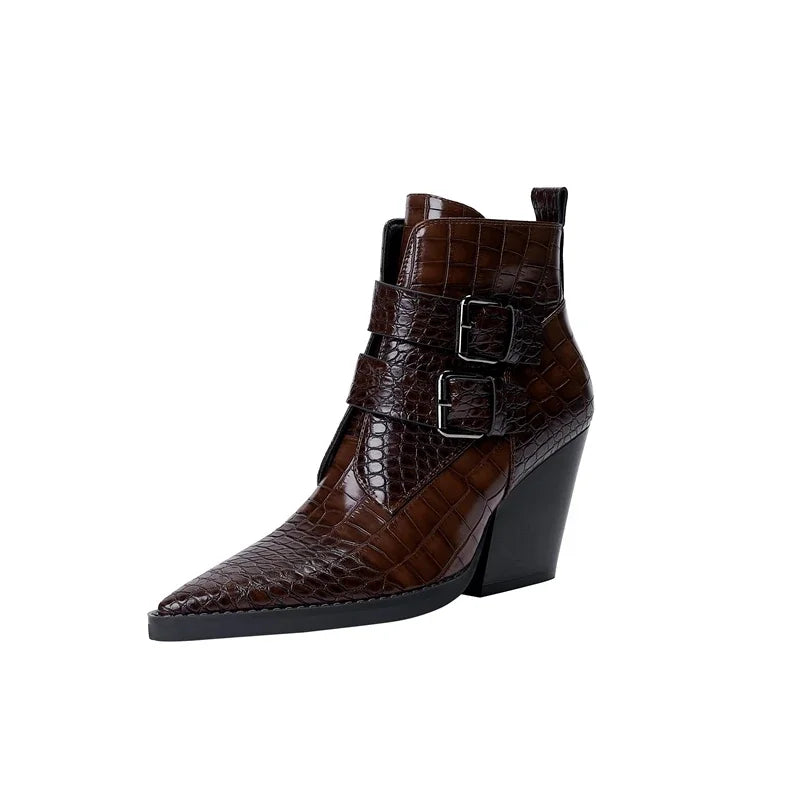 Boots For Women | Pointed Toe Ankle Block Heel With Buckle