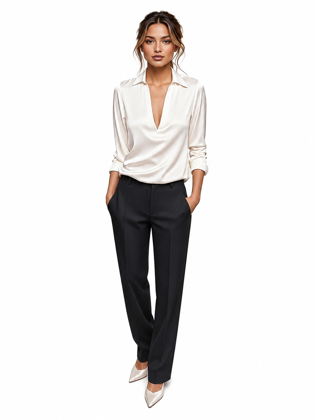 Women’s Blouse | Long Sleeve Collared V-Neck