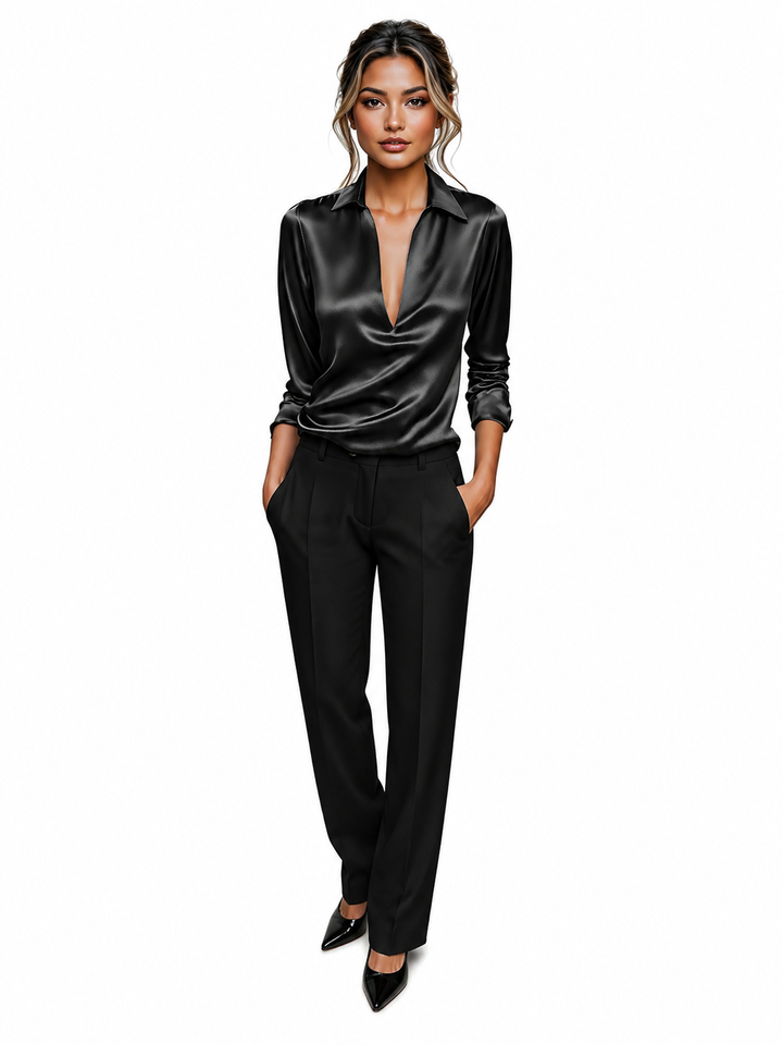 Women’s Blouse | Long Sleeve Collared V-Neck