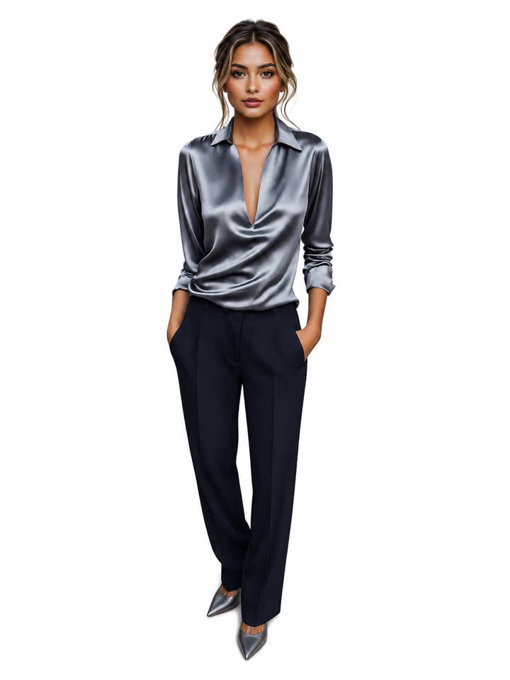 Women’s Blouse | Long Sleeve Collared V-Neck