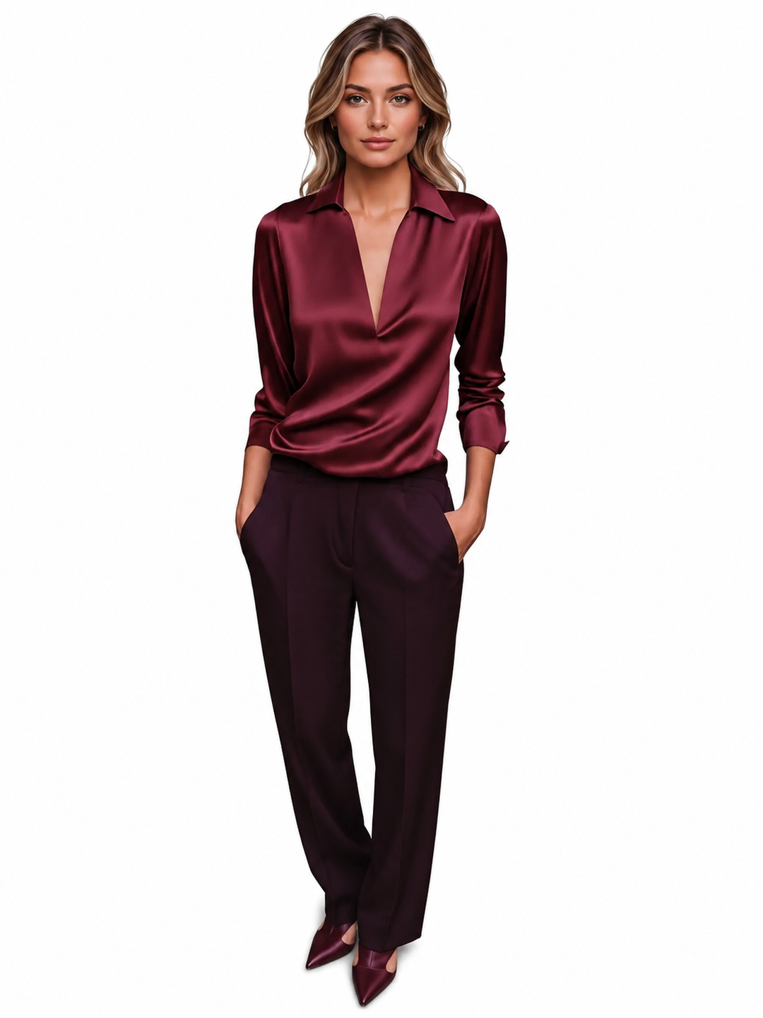 Women’s Blouse | Long Sleeve Collared V-Neck