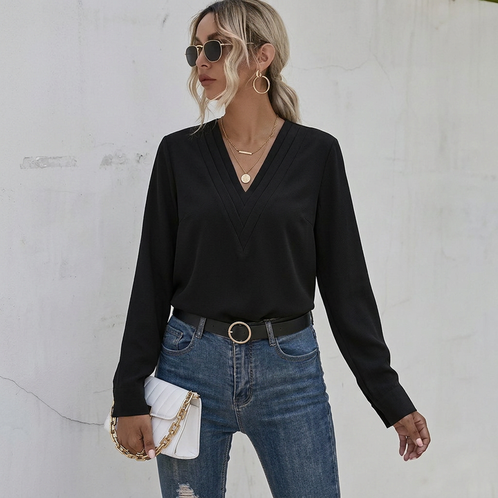Women’s Blouse | Long Sleeve Pleated V-Neck Top