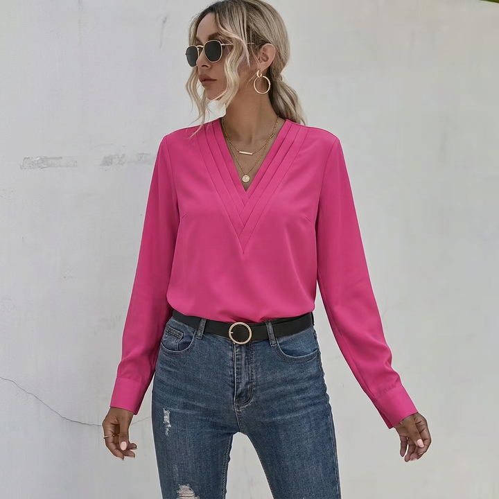 Women’s Blouse | Long Sleeve Pleated V-Neck Top