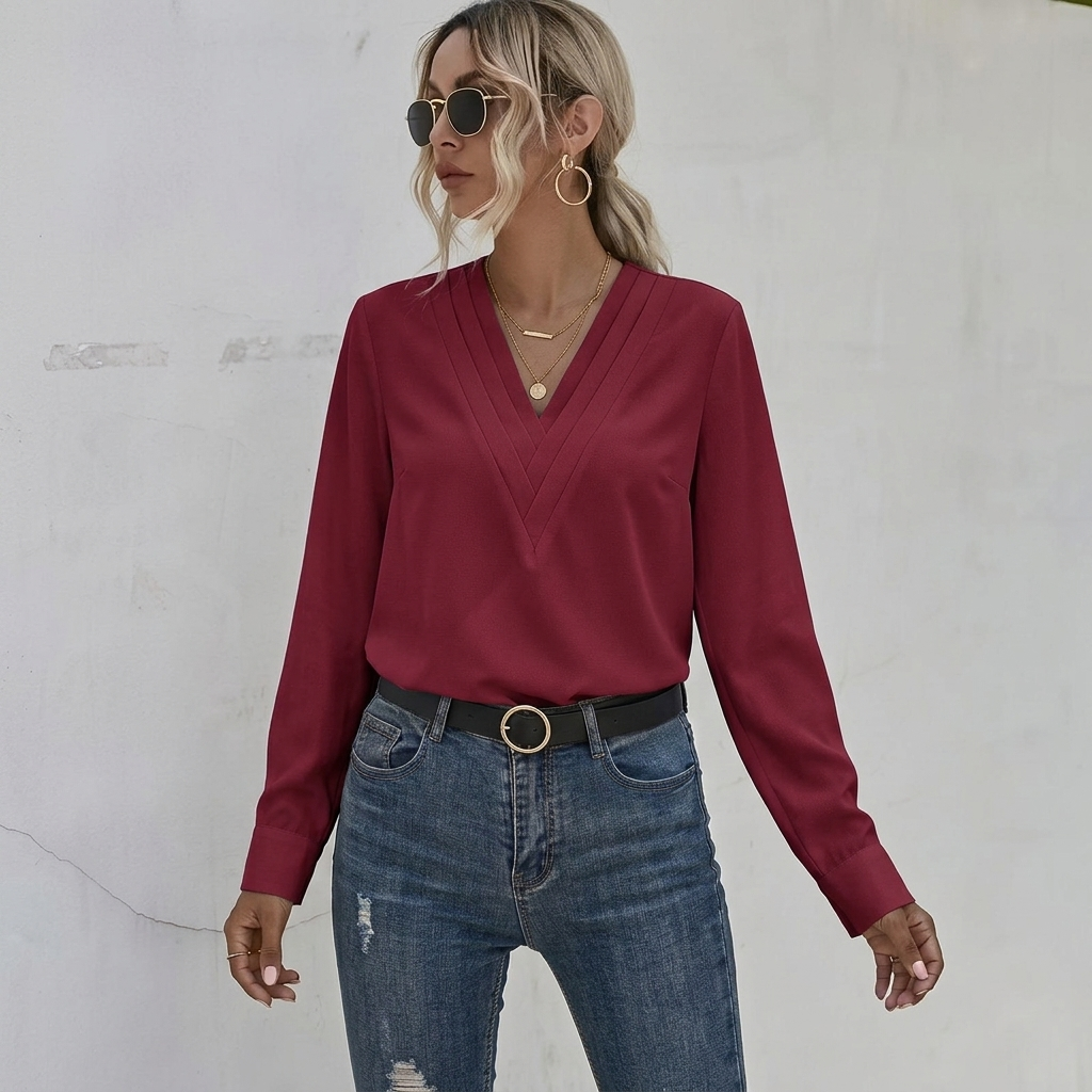 Women’s Blouse | Long Sleeve Pleated V-Neck Top