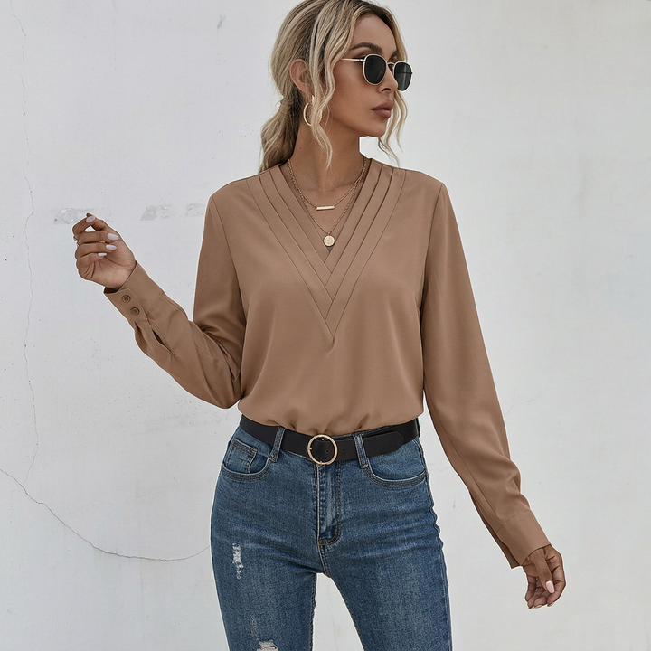 Women’s Blouse | Long Sleeve Pleated V-Neck Top