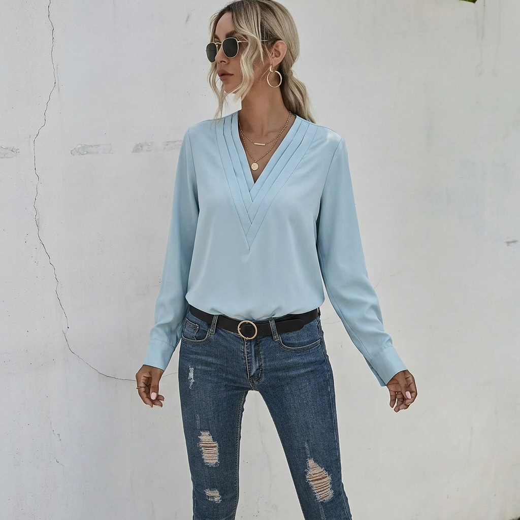 Women’s Blouse | Long Sleeve Pleated V-Neck Top