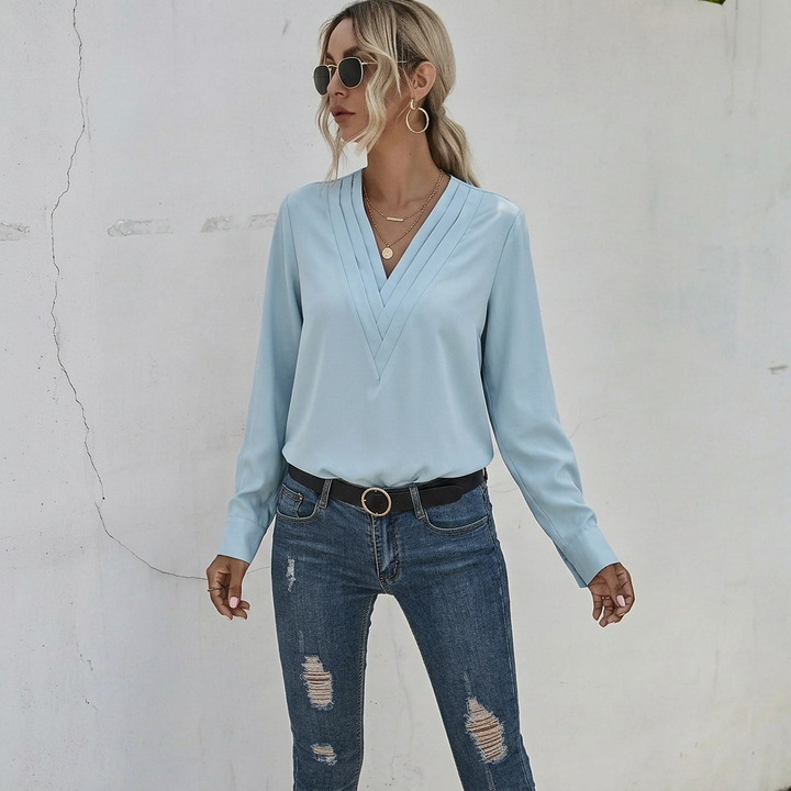 Women’s Blouse | Long Sleeve Pleated V-Neck Top