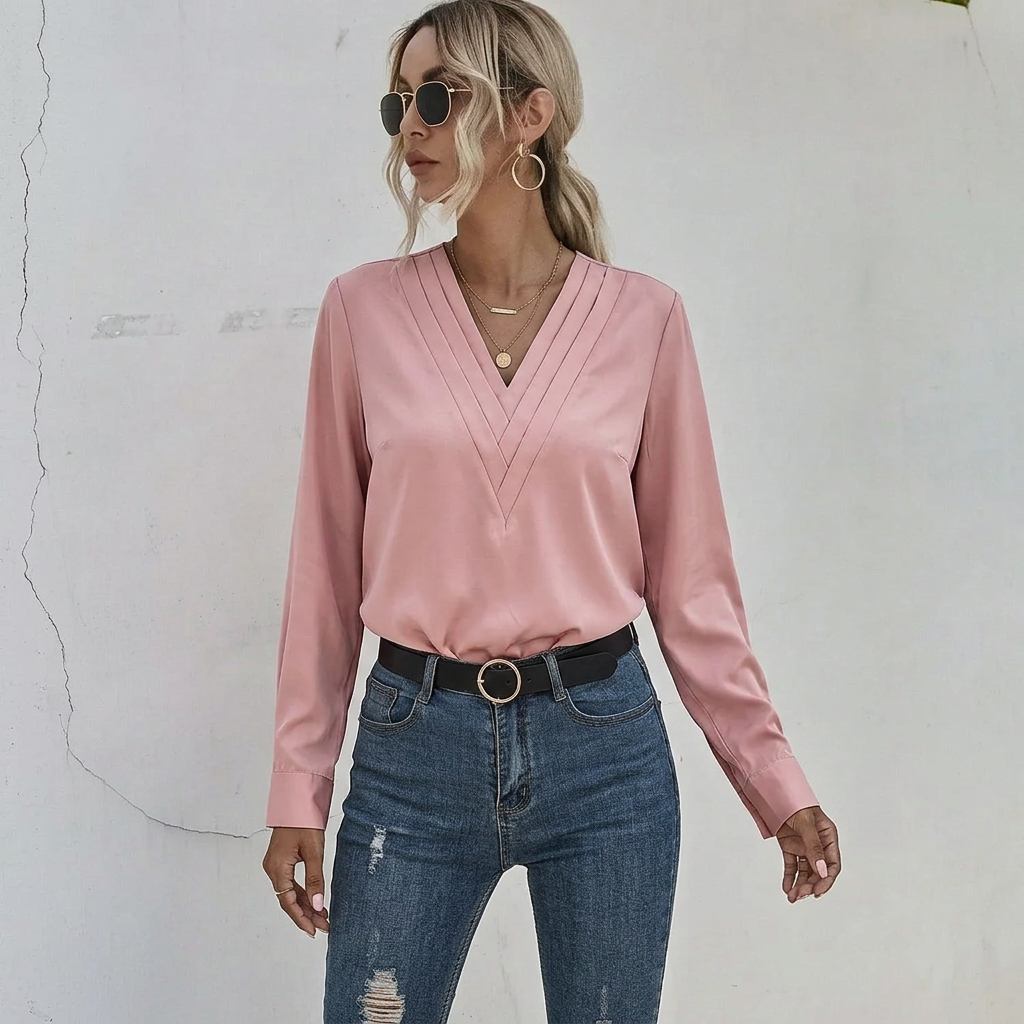 Women’s Blouse | Long Sleeve Pleated V-Neck Top