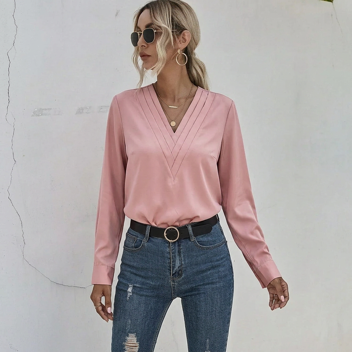 Women’s Blouse | Long Sleeve Pleated V-Neck Top
