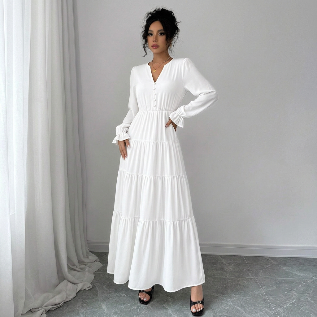 Women’s V-Neck Ruffle-Sleeve Tiered Maxi Dress
