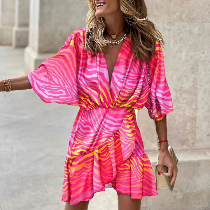 Women’s Vibrant Abstract Print Wrap Mini Dress with Ruffled Hem
