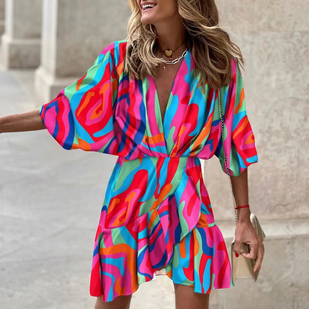 Women’s Vibrant Abstract Print Wrap Mini Dress with Ruffled Hem
