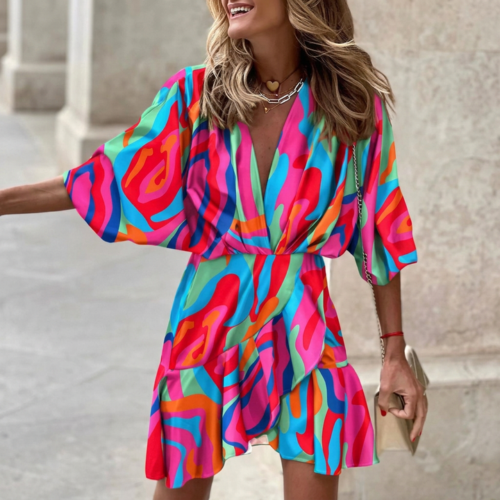 Women’s Vibrant Abstract Print Wrap Mini Dress with Ruffled Hem